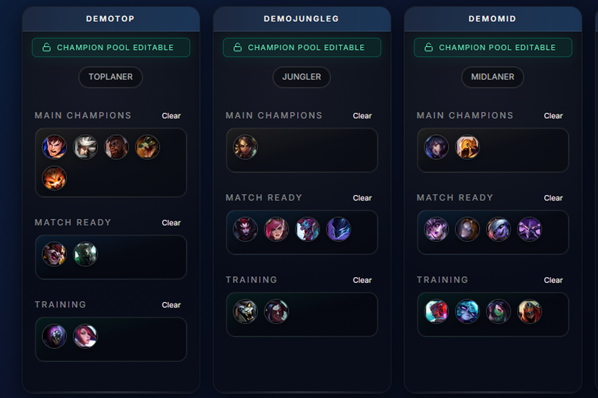 League of Legends champion pool management interface